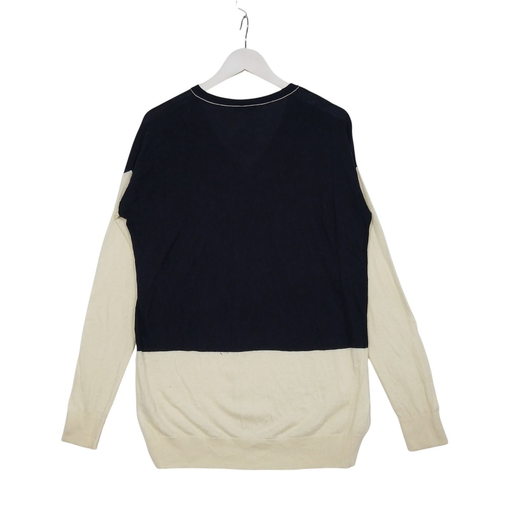Vince Navy Blue Cream Colorblock Merino Wool Blend V-Neck Sweater Small - Picture 4 of 5